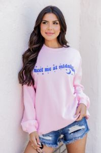 Meet me at Midnight Light Pink Oversized Graphic Sweatshirt sold by Pink Lily