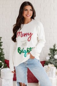 Merry And Bright Tinsel Cream Sweater sold by Pink Lily