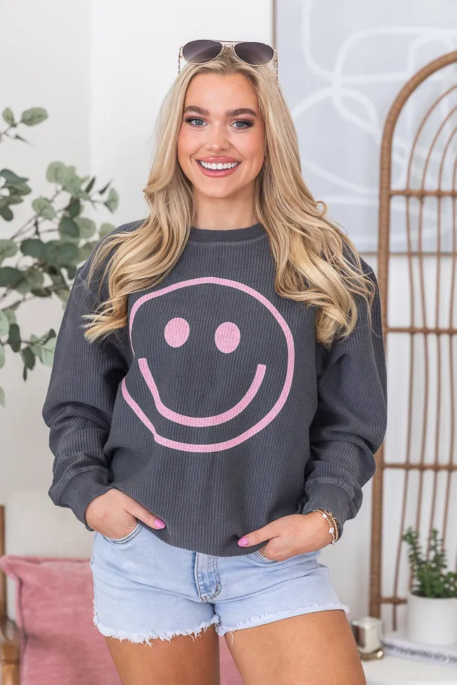 Pink Smiley Charcoal Corded Graphic Sweatshirt FINAL SALE sold by Pink Lily