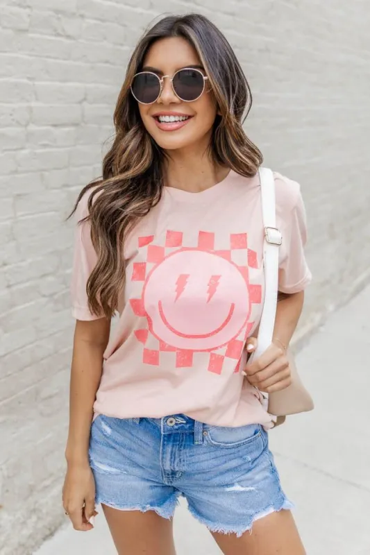 Lightning Bolt Checkered Smiley Peach Graphic Tee SALE sold by Pink Lily