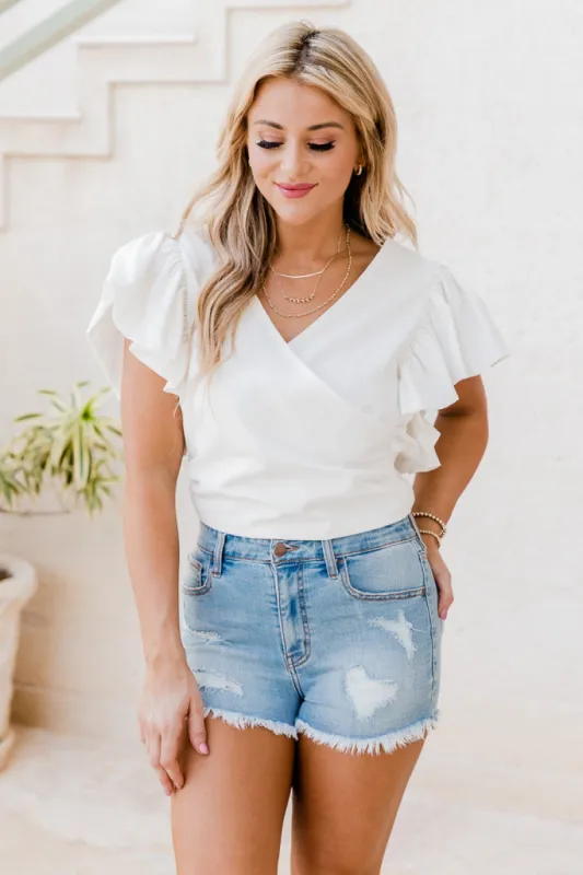 Floating Along Cream Flutter Sleeve Wrap Blouse FINAL SALE sold by Pink Lily