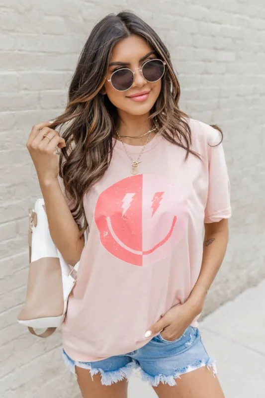 Lightning Bolt Smiley Peach Graphic Tee sold by Pink Lily