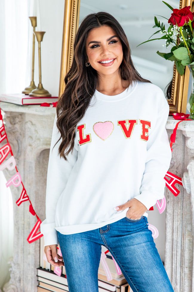 Love White Chenille Patch Graphic Sweatshirt FINAL SALE sold by Pink Lily