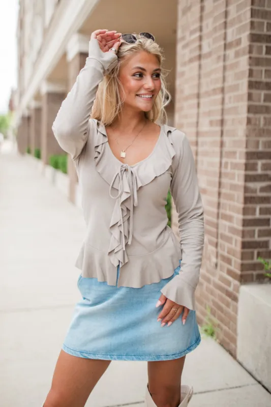 Treat You The Same Beige Ruffle Detail Ribbed Blouse sold by Pink Lily
