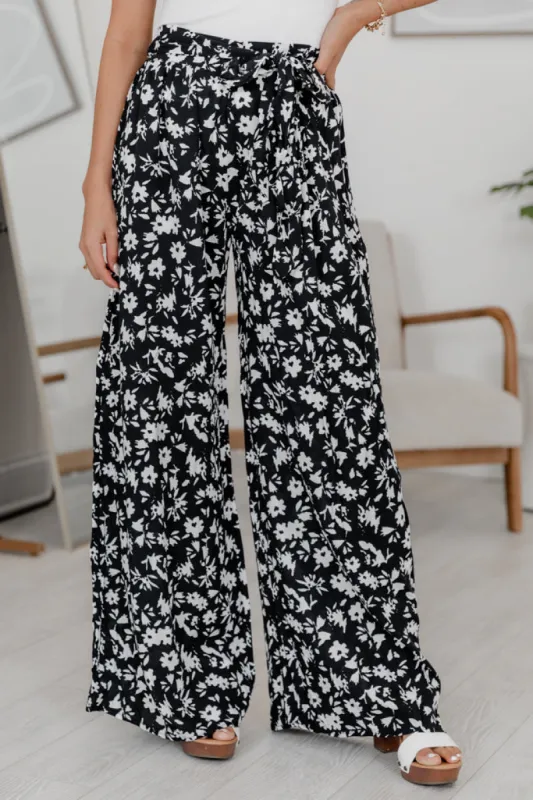Unwinding In Paradise Black Floral Tie Waist Pants FINAL SALE sold by Pink Lily