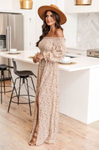 Sounds In My Mind Cream Smocked Bust Off The Shoulder Floral Maxi Dress sold by Pink Lily