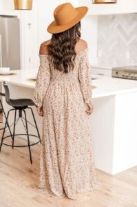 Sounds In My Mind Cream Smocked Bust Off The Shoulder Floral Maxi Dress sold by Pink Lily