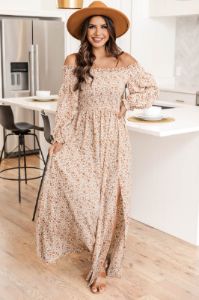 Sounds In My Mind Cream Smocked Bust Off The Shoulder Floral Maxi Dress sold by Pink Lily