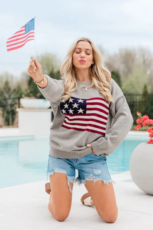 Home Of The Free Grey Textured Flag Sweater sold by Pink Lily