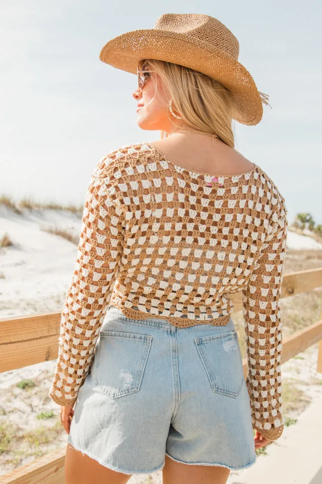 Tie That Binds Tan And Ivory Crochet Crop Long Sleeve Top FINAL SALE sold by Pink Lily product image thumbnail 4