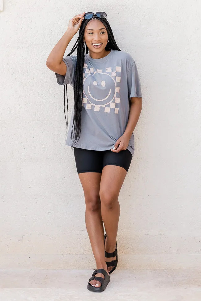 Cream Checkered Smiley Grey Oversized Graphic Tee sold by Pink Lily product image thumbnail 2