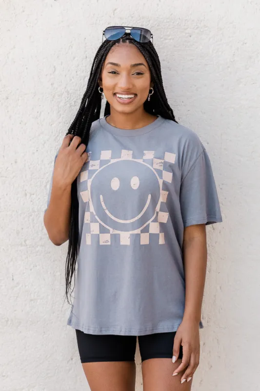 Cream Checkered Smiley Grey Oversized Graphic Tee sold by Pink Lily