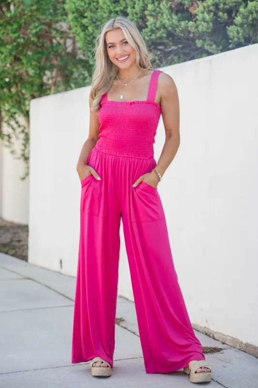 Walking In Paradise Hot Pink Smocked Top Woven Jumpsuit FINAL SALE sold by Pink Lily