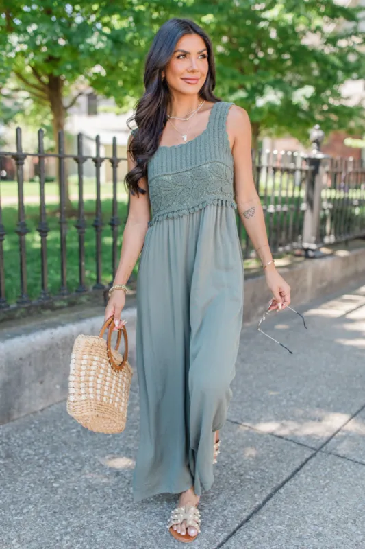 Keep The Peace Olive Crochet Top Jumpsuit FINAL SALE sold by Pink Lily