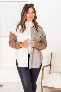 On The Way Brown Colorblock Corduroy Shacket sold by Pink Lily