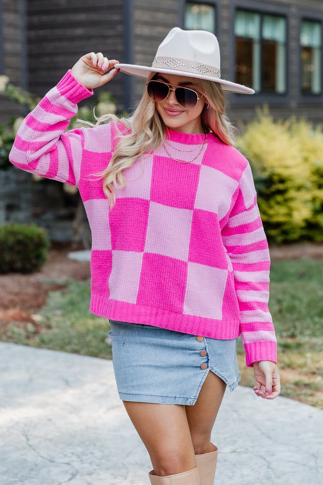 Take Responsibility Pink Chenille Checkered And Striped Sweater sold by Pink Lily product image thumbnail 5