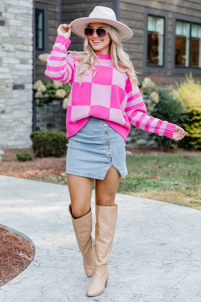 Take Responsibility Pink Chenille Checkered And Striped Sweater sold by Pink Lily product image thumbnail 2
