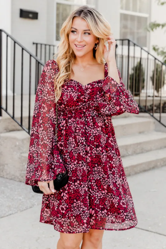 Like New Red Abstract Printed Cinched Bust Long Sleeve Mini Dress FINAL SALE sold by Pink Lily