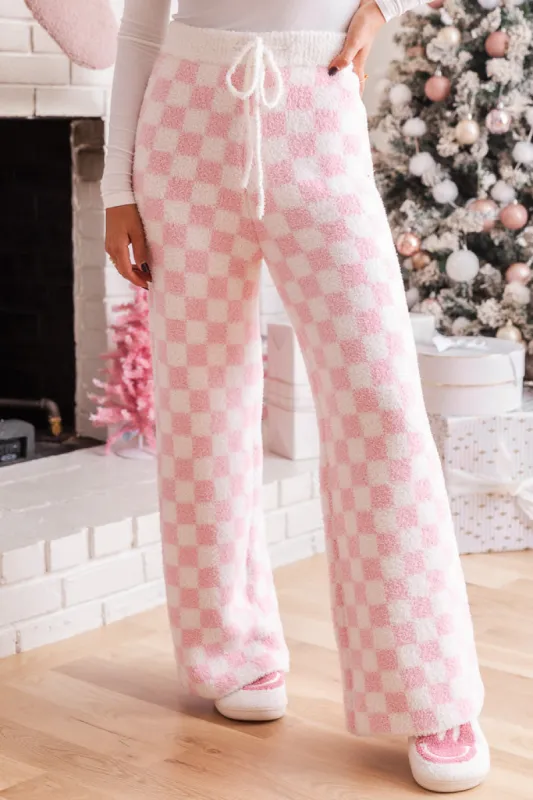 Movies And Chill Fuzzy Pink Checkered Lounge Pants sold by Pink Lily