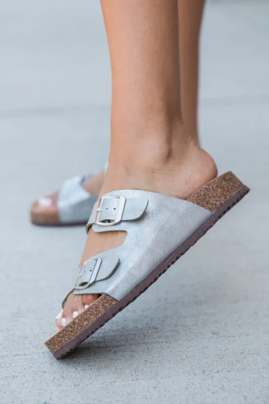 Andrea Silver Metallic Double Strap Sandal sold by Pink Lily