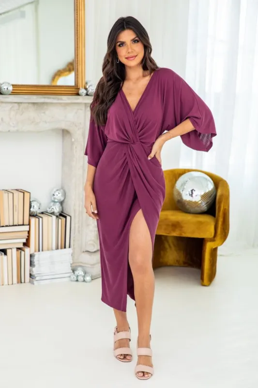 Can't Be Outdone Wine Twist Detail Midi Dress sold by Pink Lily
