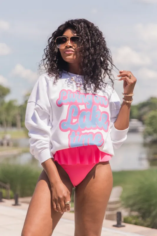 Living On Lake Time White Oversized Graphic Sweatshirt sold by Pink Lily