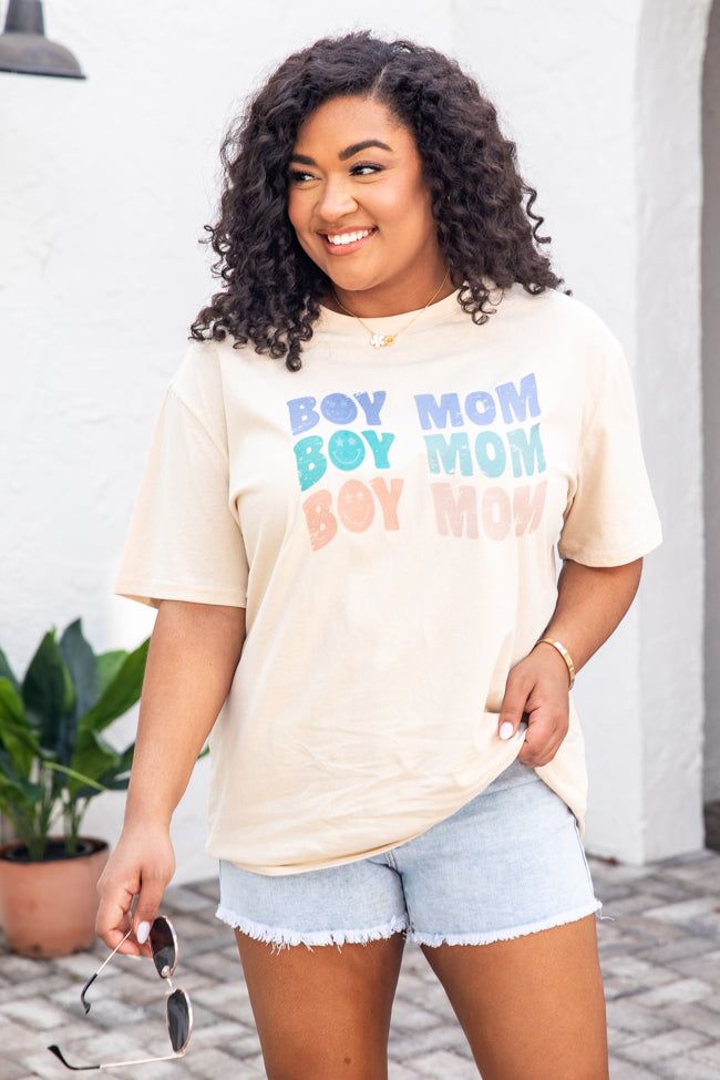 Boy Mom Repeat Smiley Ivory Oversized Graphic Tee sold by Pink Lily