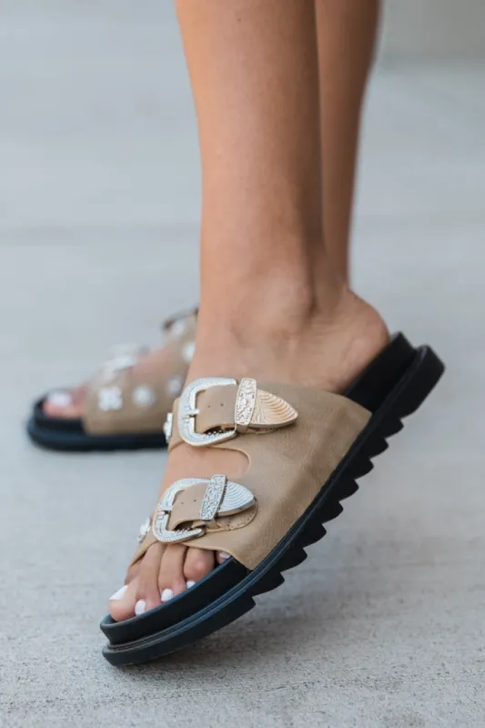 LeeAnn Taupe Double Buckle Western Sandal sold by Pink Lily