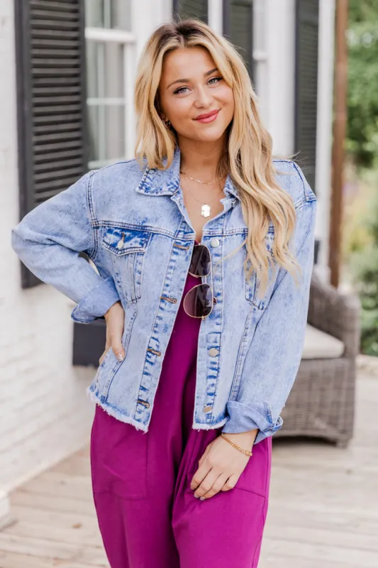 Born To Dream Light Wash Acid Wash Raw Hem Denim Jacket FINAL SALE sold by Pink Lily