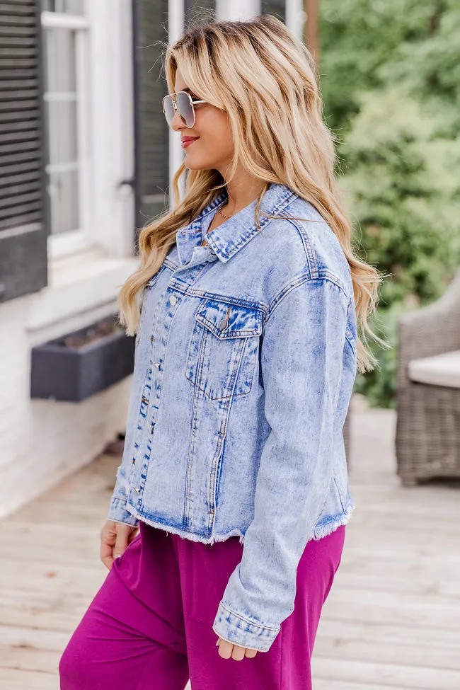 Born To Dream Light Wash Acid Wash Raw Hem Denim Jacket FINAL SALE sold by Pink Lily product image thumbnail 2