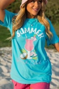Summer Beach Club Aqua Blue Oversized Graphic Tee sold by Pink Lily
