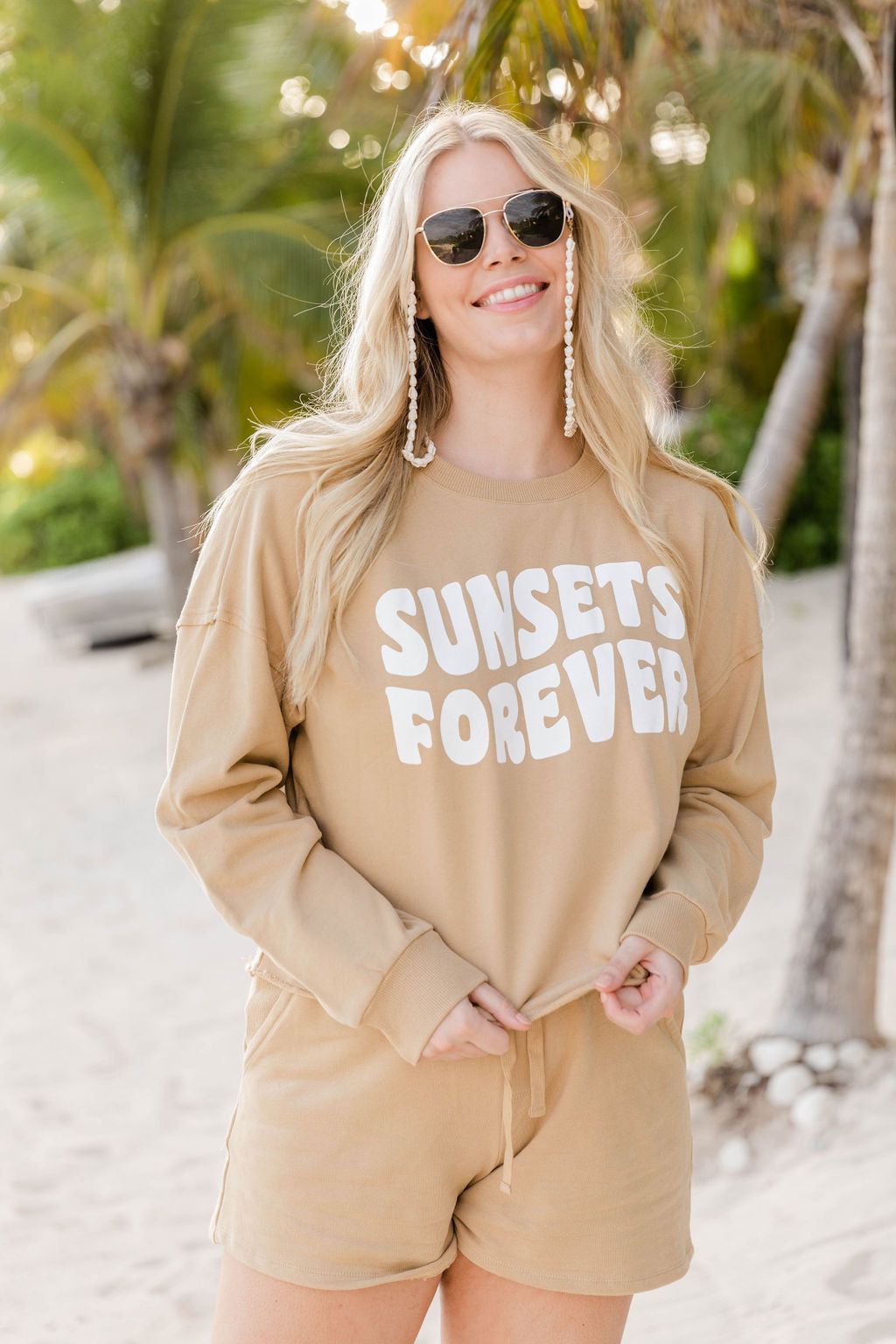 Sunsets Forever Tan Cropped Graphic Sweatshirt sold by Pink Lily
