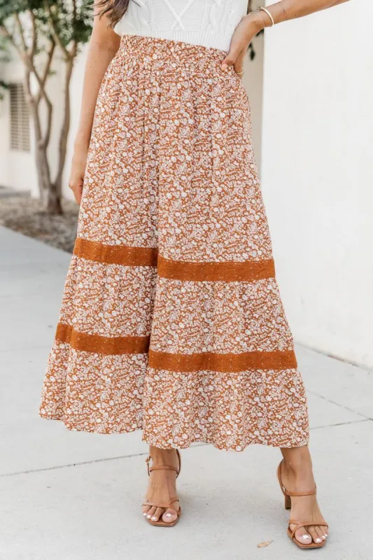 Enjoy The View Brown Floral Midi Skirt sold by Pink Lily