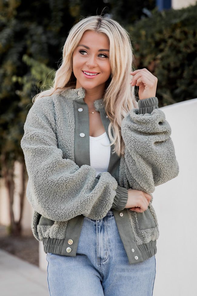All On My Own Olive Sherpa And Suede Bomber Jacket FINAL SALE sold by Pink Lily