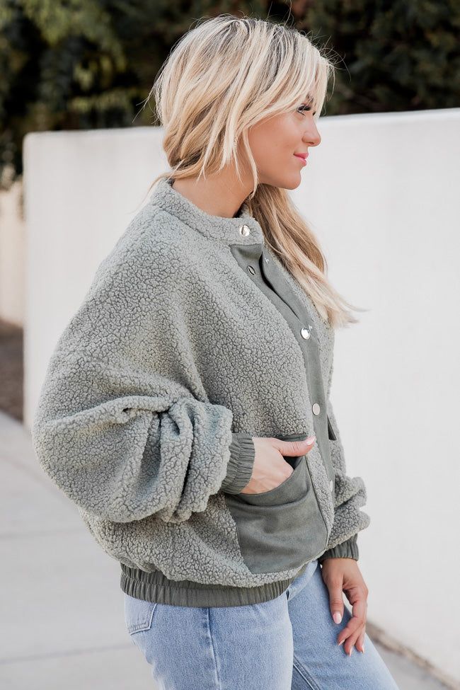 All On My Own Olive Sherpa And Suede Bomber Jacket FINAL SALE sold by Pink Lily product image thumbnail 4