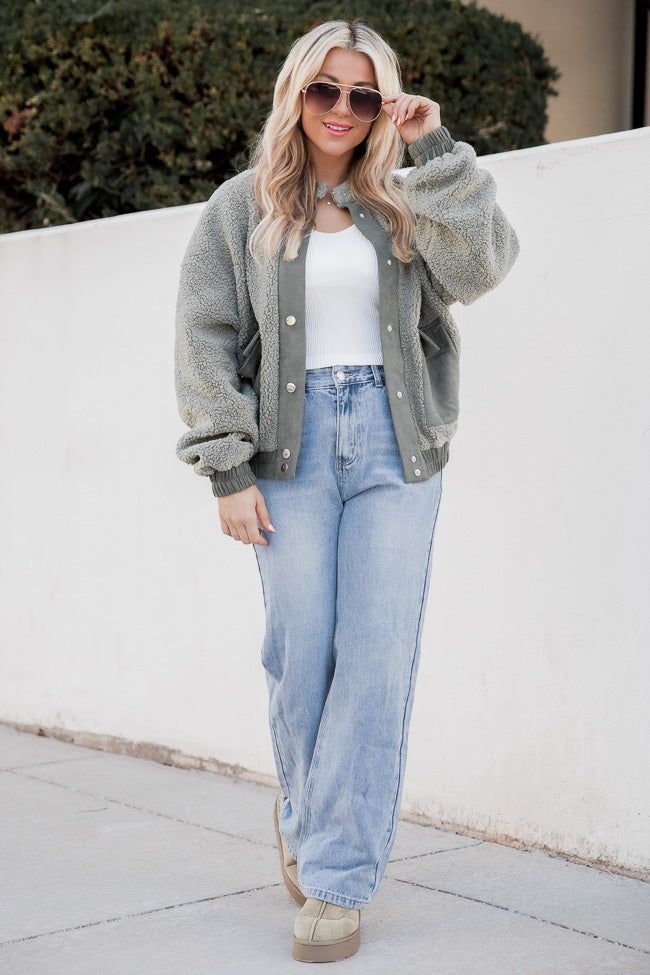 All On My Own Olive Sherpa And Suede Bomber Jacket FINAL SALE sold by Pink Lily product image thumbnail 3