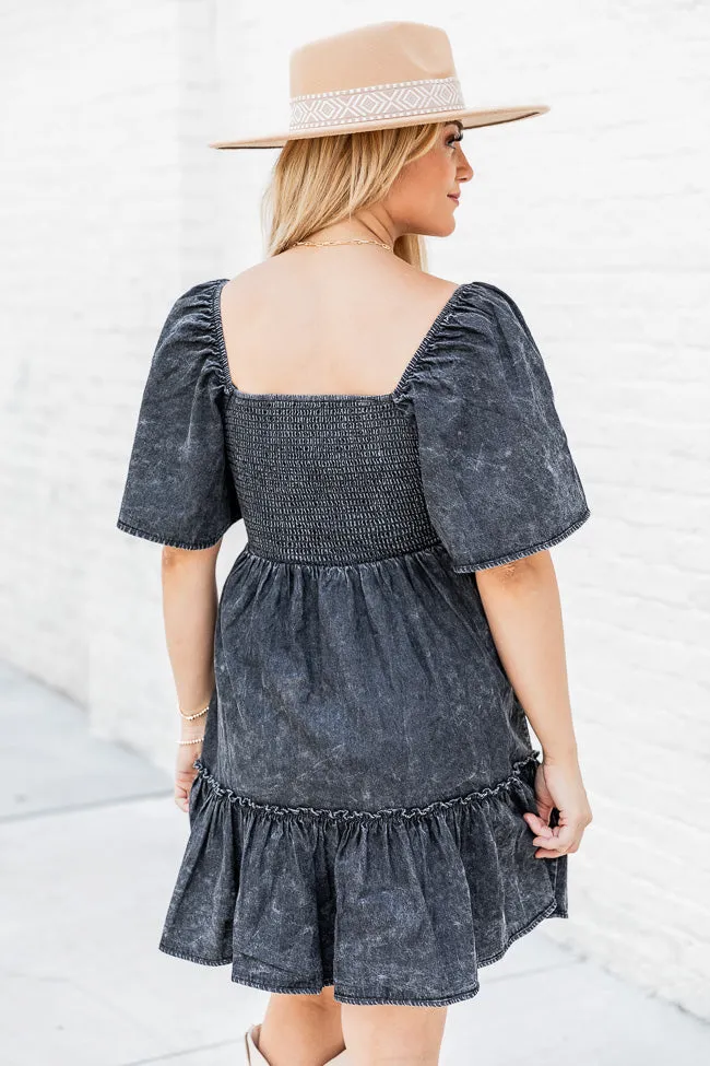 Cowgirl Casanova Black Acid Wash Puff Sleeve Chambray Smocked Mini Dress FINAL SALE sold by Pink Lily product image thumbnail 4