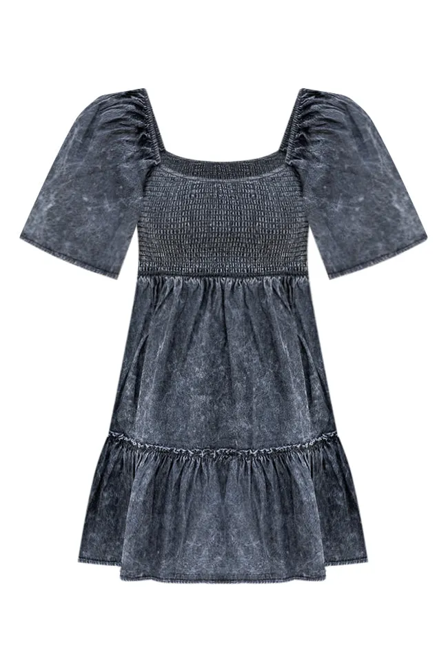 Cowgirl Casanova Black Acid Wash Puff Sleeve Chambray Smocked Mini Dress FINAL SALE sold by Pink Lily product image thumbnail 5