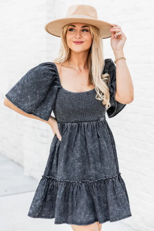 Cowgirl Casanova Black Acid Wash Puff Sleeve Chambray Smocked Mini Dress FINAL SALE sold by Pink Lily