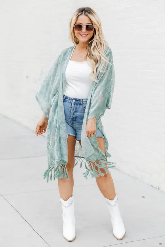 Unapologetically You Sage Velvet Floral Fringe Trim Kimono FINAL SALE made by Pink Lily