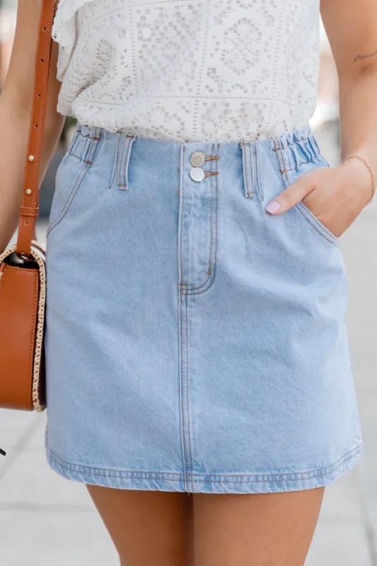 I've Been Thinking Light Wash Denim Paper Bag Waist Mini Skirt sold by Pink Lily