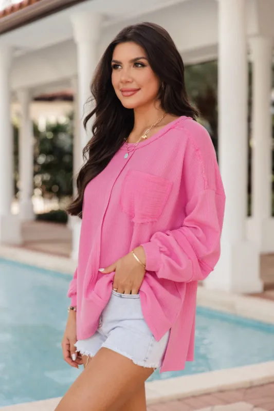 Never Leaving Pink Waffle Top With Gauze Trim SALE sold by Pink Lily