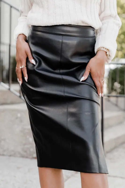 Brilliant Idea Black Faux Leather Midi Skirt FINAL SALE sold by Pink Lily