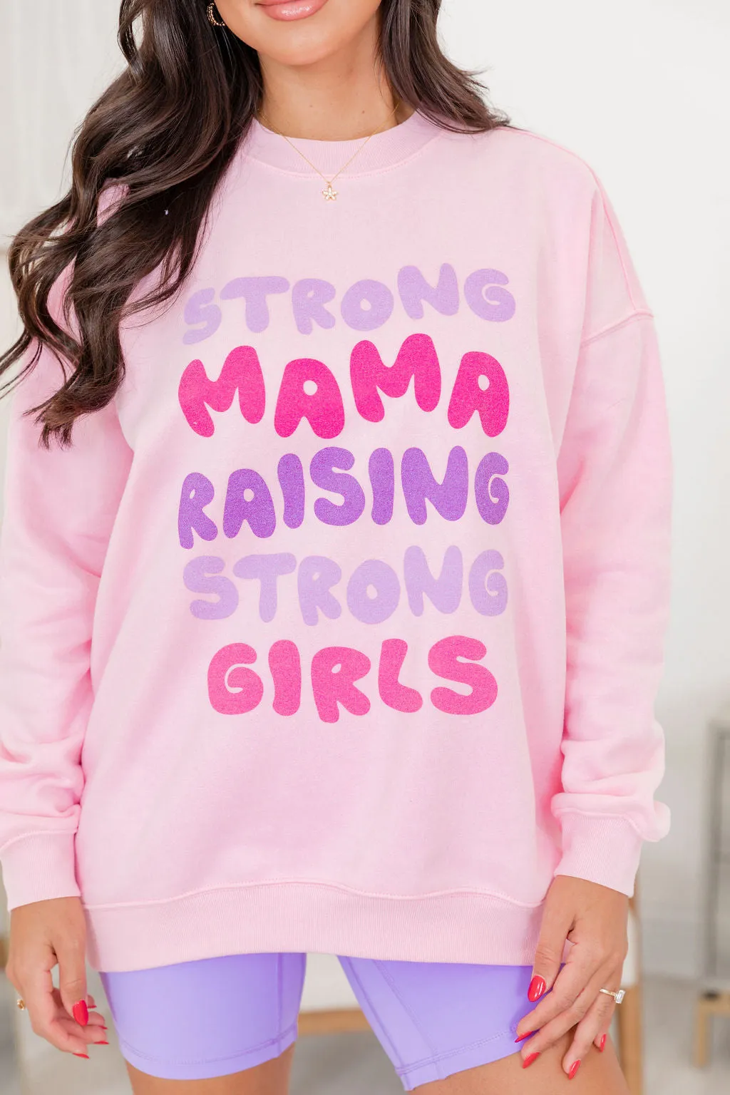 Strong Mama Raising Strong Girls Light Pink Oversized Graphic Sweatshirt sold by Pink Lily product image thumbnail 3