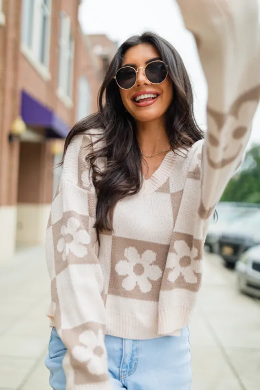 Found A New Way Mocha V-Neck Checkered Flower Sweater SALE sold by Pink Lily