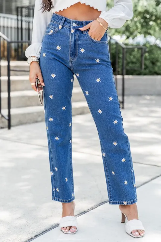 Have A Good Time Daisy Embroidered Mom Jeans FINAL SALE sold by Pink Lily