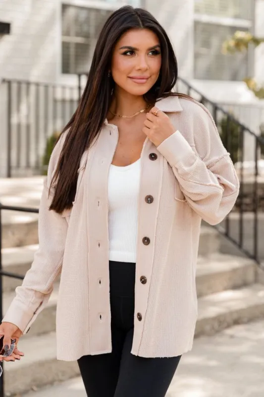Know You Better Beige Button Front Shacket sold by Pink Lily