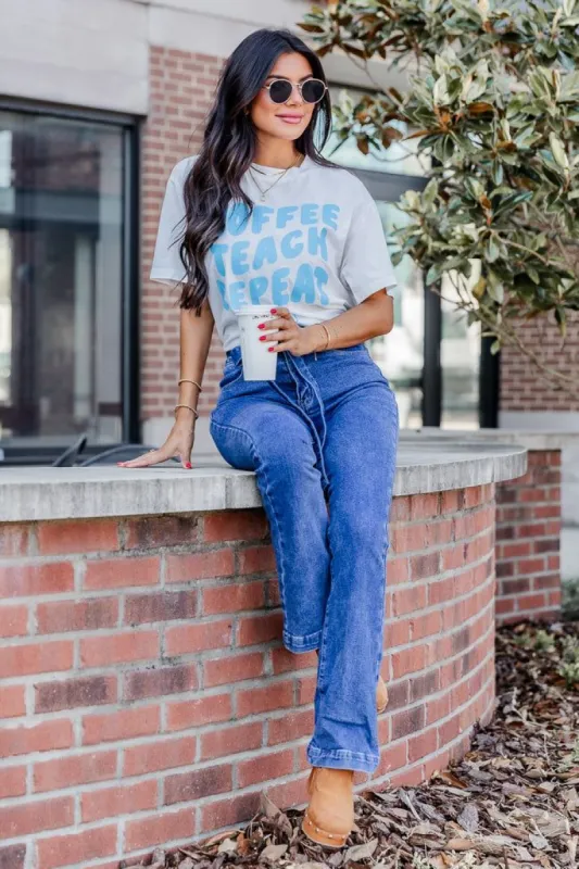 Coffee Teach Repeat Smiley White Graphic Tee sold by Pink Lily