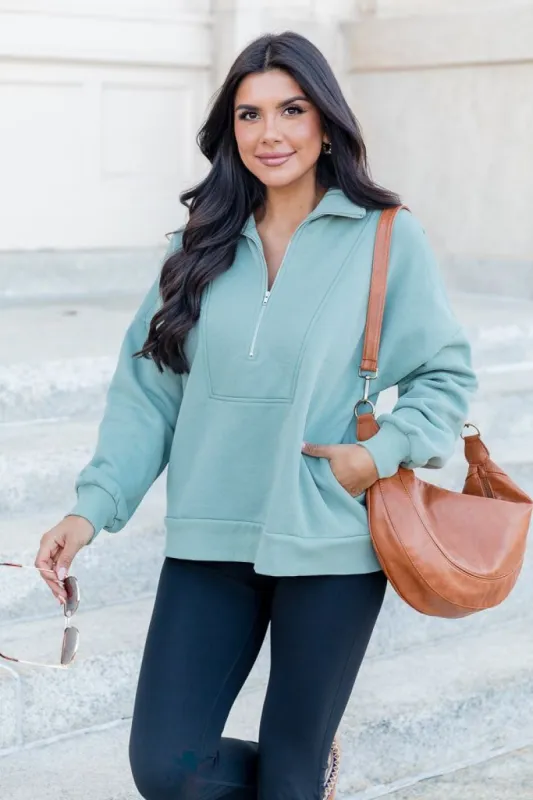 Girl On The Go Sage Green Oversized Quarter Zip Pullover sold by Pink Lily