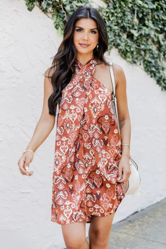 Time After Time Tribal Satin Printed Halter Criss-Cross Mini Dress FINAL SALE sold by Pink Lily
